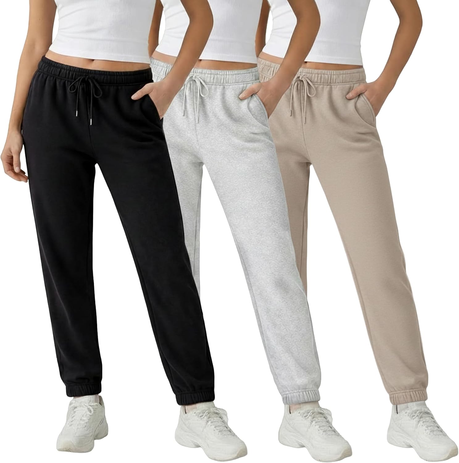3 Pack Fleece Elastic Cuff Joggers for Women 鈥?Deep Pockets, Tapered Fit, Elastic Drawstring Waist