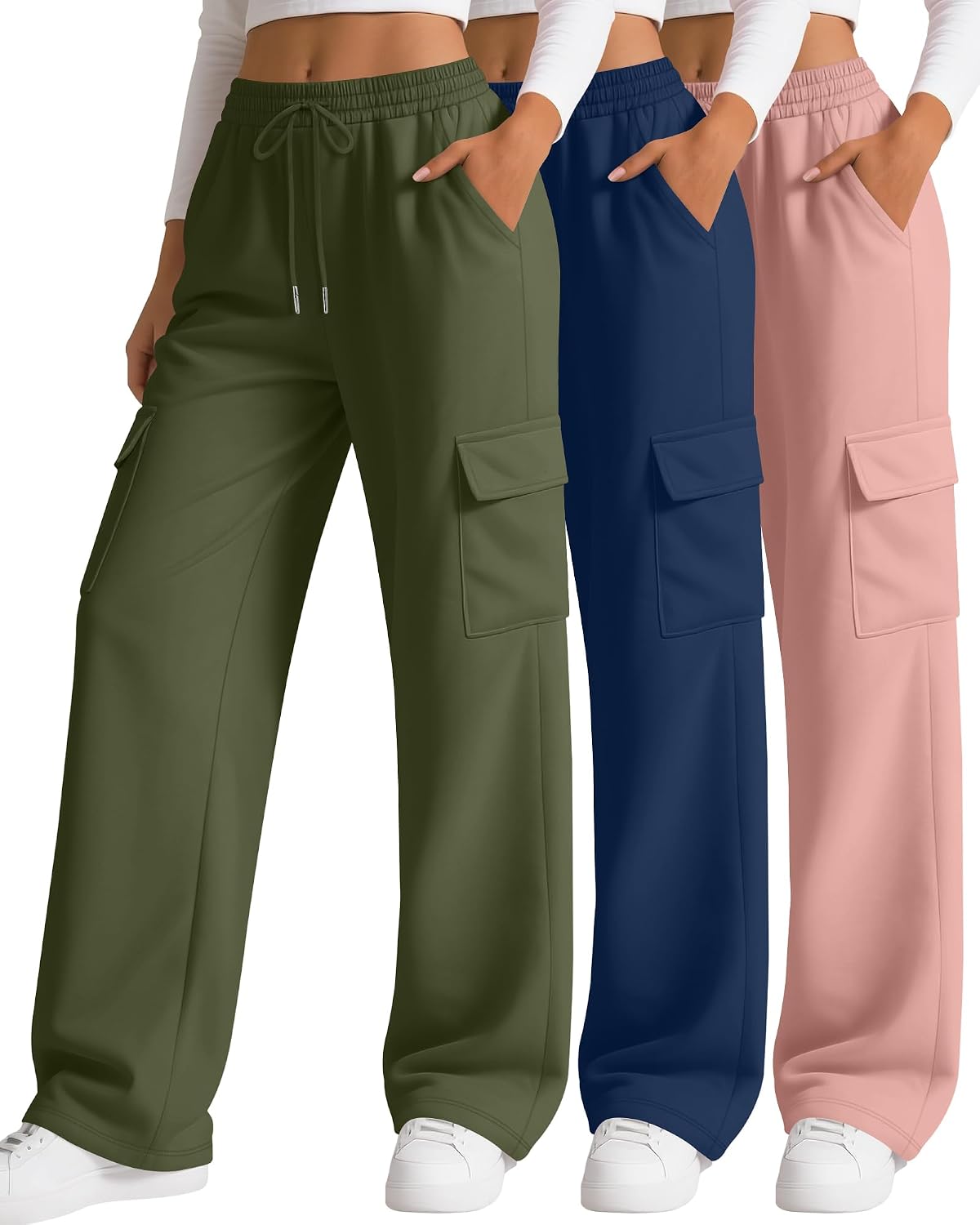 3 Pack Women's Cargo Sweatpants Wide Leg Baggy Loose Elastic Drawstring Pants Casual Athletic Joggers with 4 Pockets
