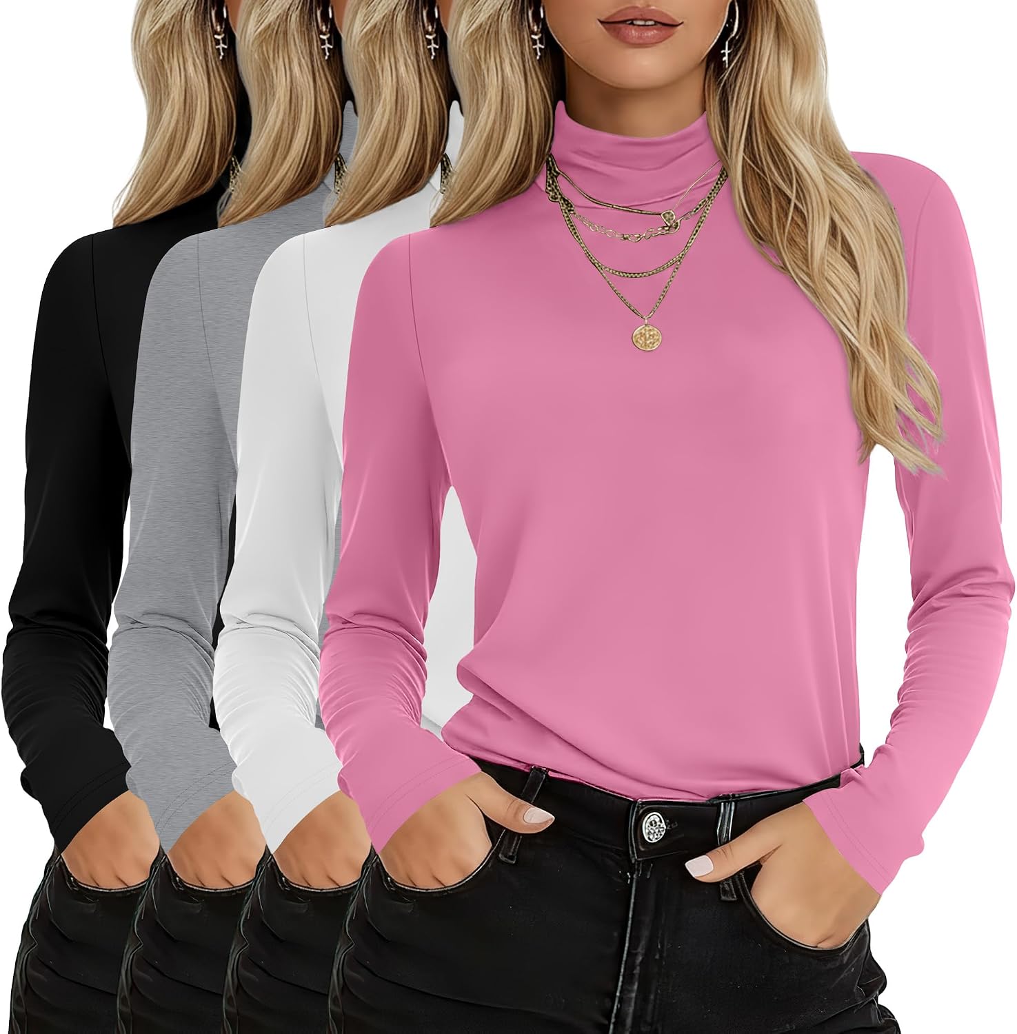 4 Pack Women's Turtleneck Cotton Long Sleeve Tops Casual Loose Fit Shirts Basic Tunic Trendy Undershirt Tee