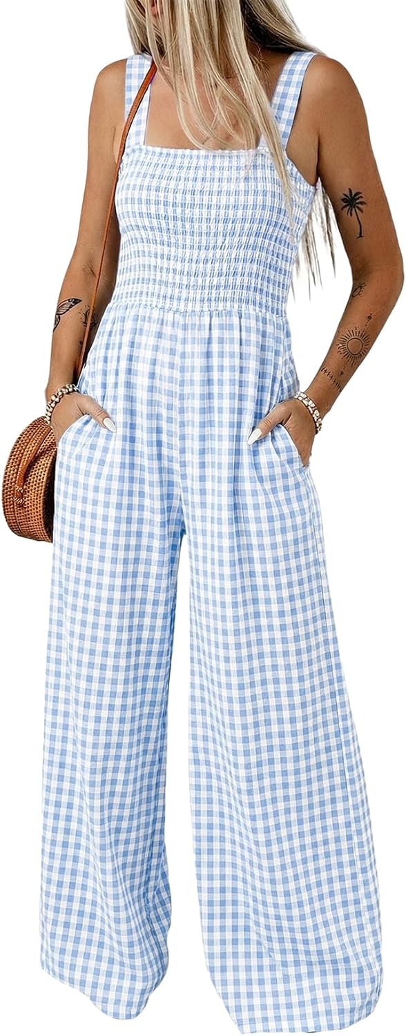 Women's Casual Loose Overalls Jumpsuits One Piece Sleeveless Smocked Gingham Striped Wide Leg Long Pant Rompers