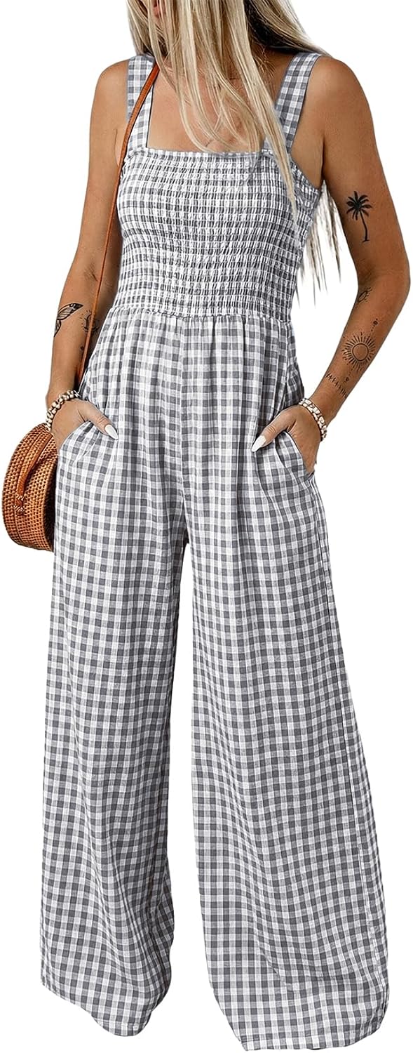 Women's Casual Loose Overalls Jumpsuits One Piece Sleeveless Smocked Gingham Striped Wide Leg Long Pant Rompers