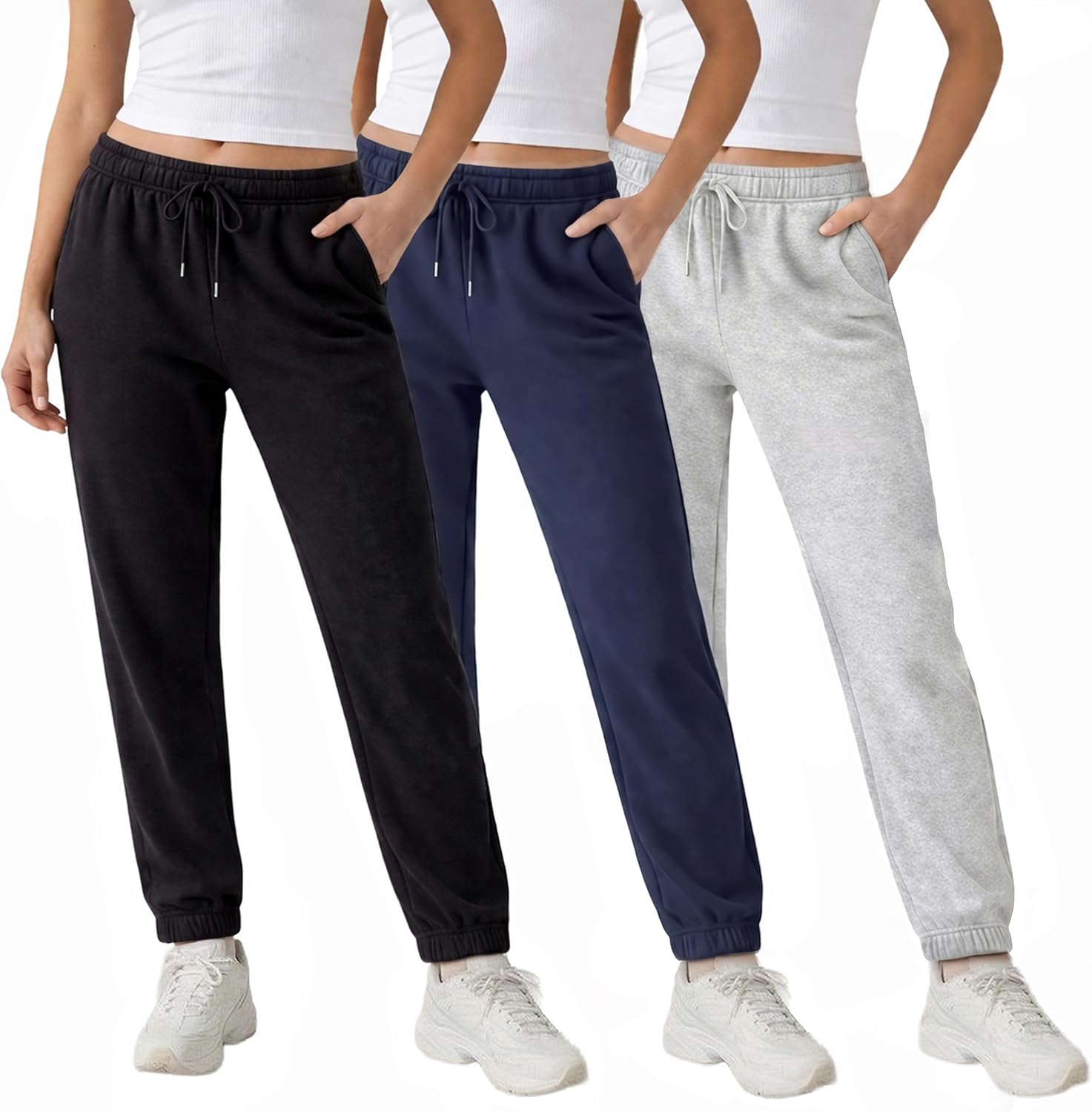 3 Pack Fleece Elastic Cuff Joggers for Women 鈥?Deep Pockets, Tapered Fit, Elastic Drawstring Waist