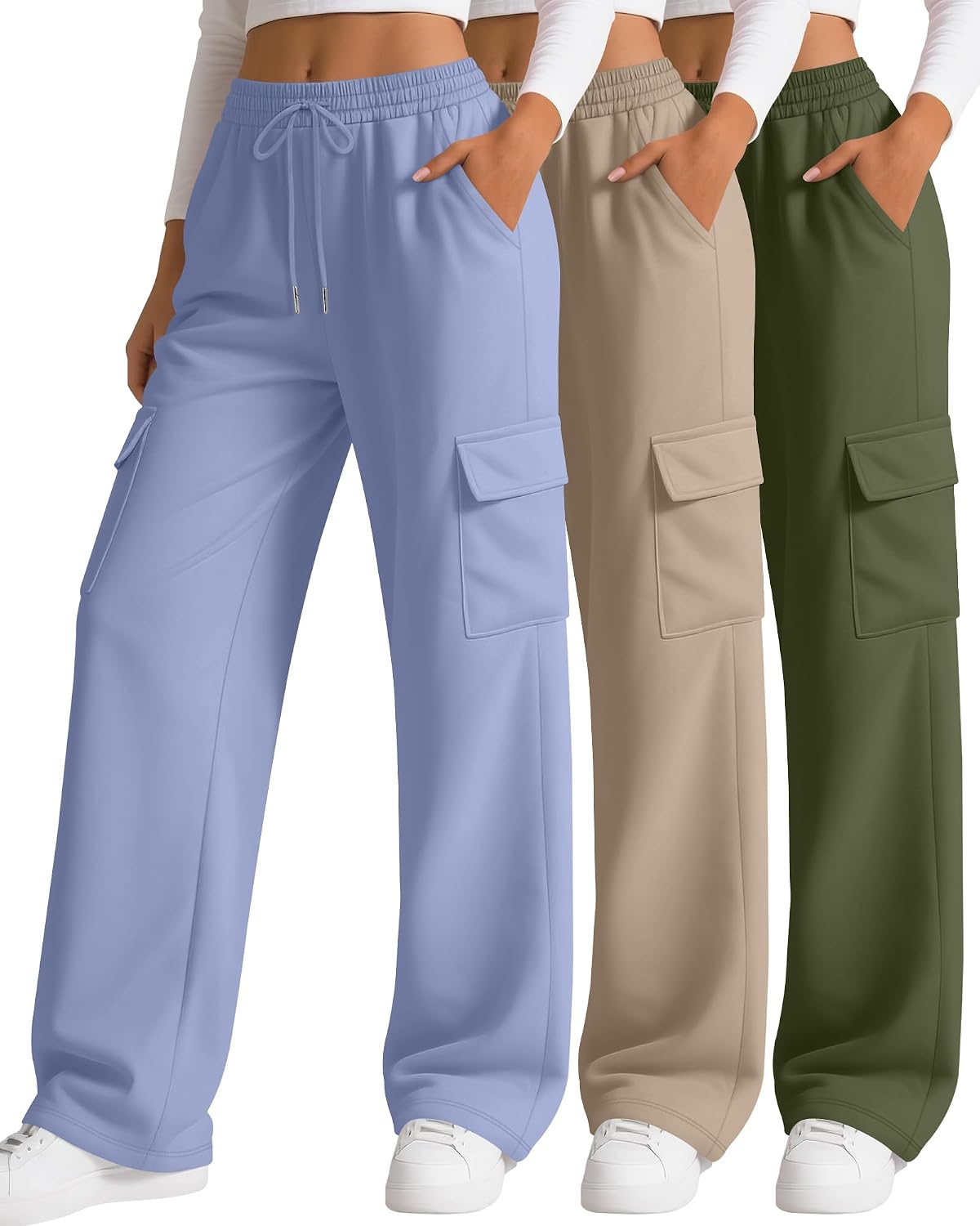 3 Pack Women's Cargo Sweatpants Wide Leg Baggy Loose Elastic Drawstring Pants Casual Athletic Joggers with 4 Pockets