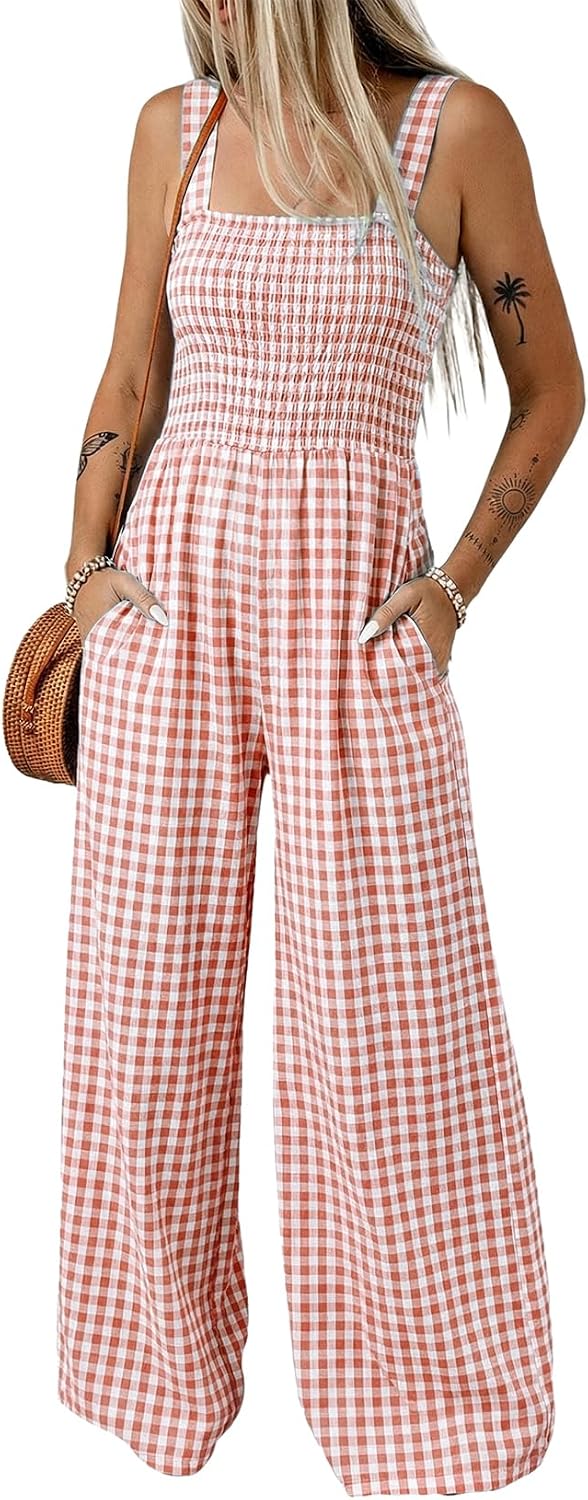 Women's Casual Loose Overalls Jumpsuits One Piece Sleeveless Smocked Gingham Striped Wide Leg Long Pant Rompers
