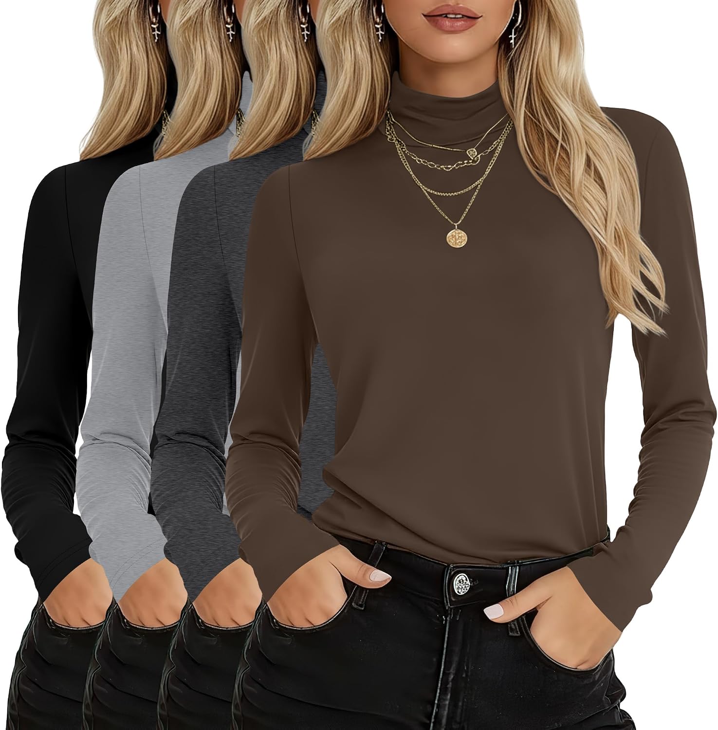 4 Pack Women's Turtleneck Cotton Long Sleeve Tops Casual Loose Fit Shirts Basic Tunic Trendy Undershirt Tee