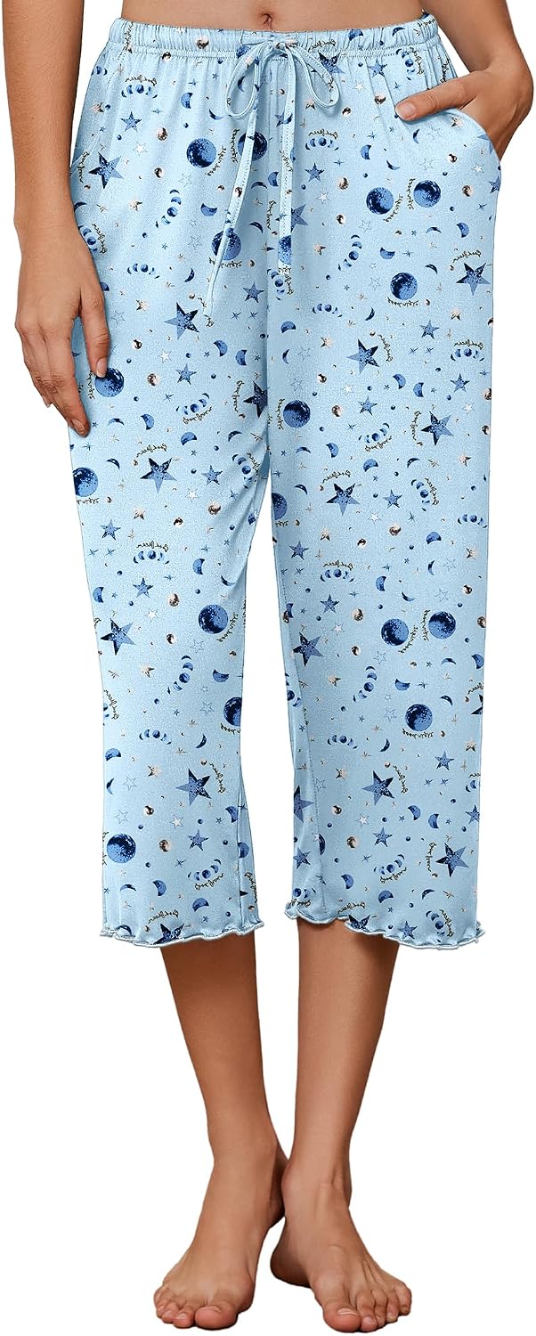 Womens Capri Pajama Pants 2026 Wide Leg Lounge Sleep Pants Soft Comfy Drawstring Pj Bottoms with Pockets