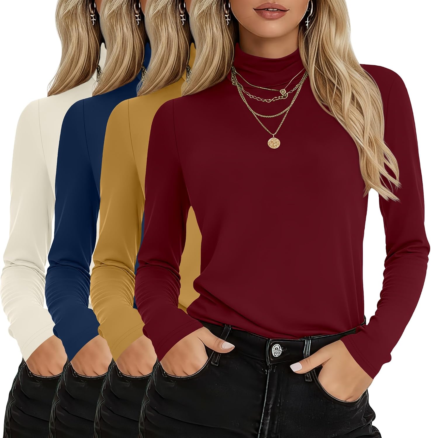 4 Pack Women's Turtleneck Cotton Long Sleeve Tops Casual Loose Fit Shirts Basic Tunic Trendy Undershirt Tee