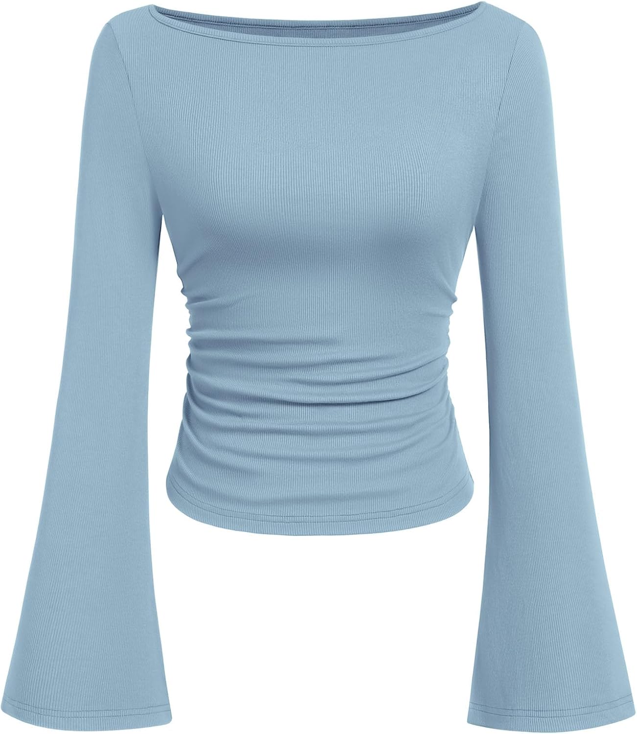Womens Long Sleeve Shirts 2026 Spring Crop Going Out Tops Casual Boat Neck Bell Sleeve Ribbed Ruched Y2K Clothes
