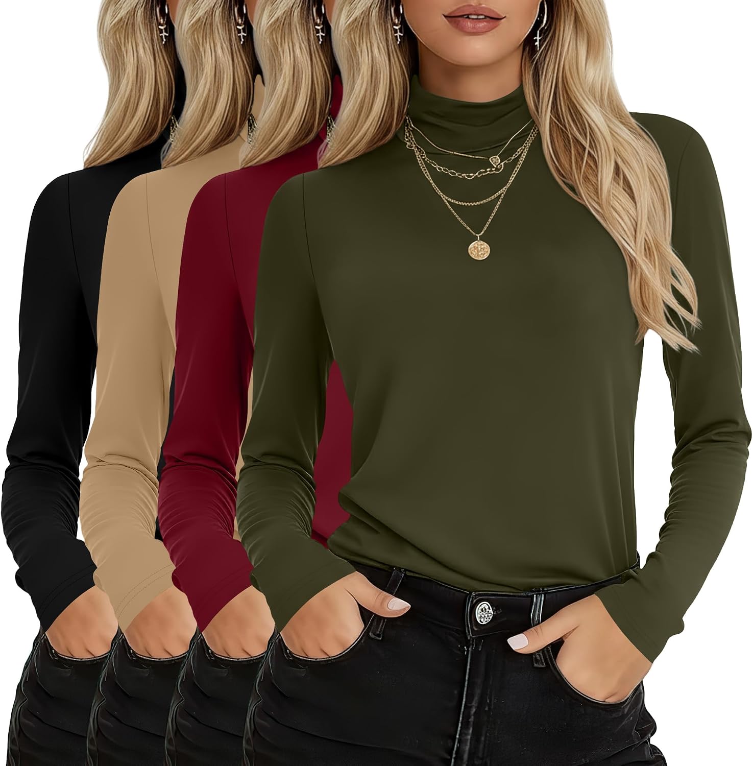 4 Pack Women's Turtleneck Cotton Long Sleeve Tops Casual Loose Fit Shirts Basic Tunic Trendy Undershirt Tee