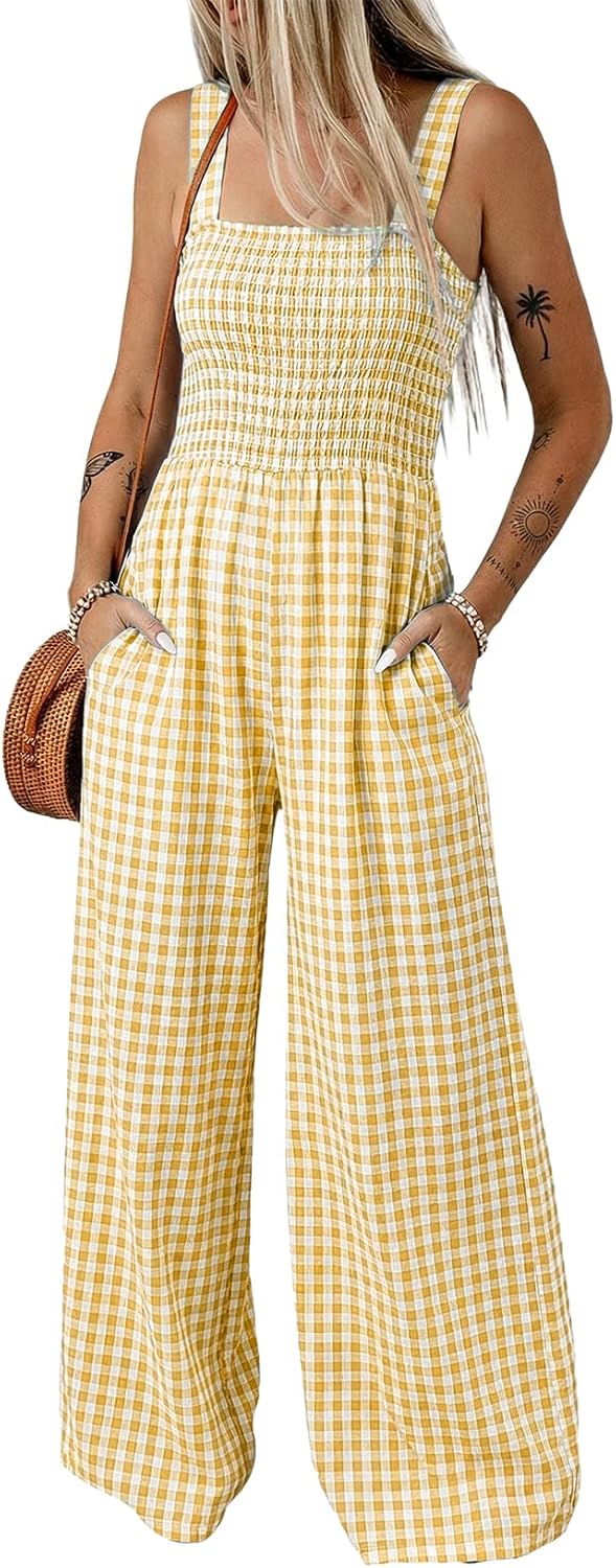 Women's Casual Loose Overalls Jumpsuits One Piece Sleeveless Smocked Gingham Striped Wide Leg Long Pant Rompers