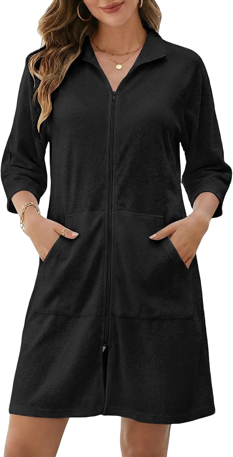 Swimsuit Coverup for Women Terry Cloth Swim Cover Up Zipper 3/4 Sleeves Beach Cover Ups Bathrobe with Pockets