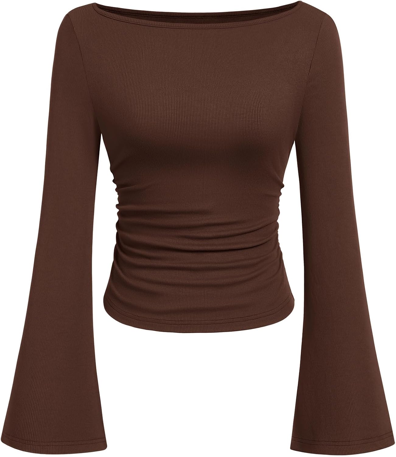Womens Long Sleeve Shirts 2026 Spring Crop Going Out Tops Casual Boat Neck Bell Sleeve Ribbed Ruched Y2K Clothes