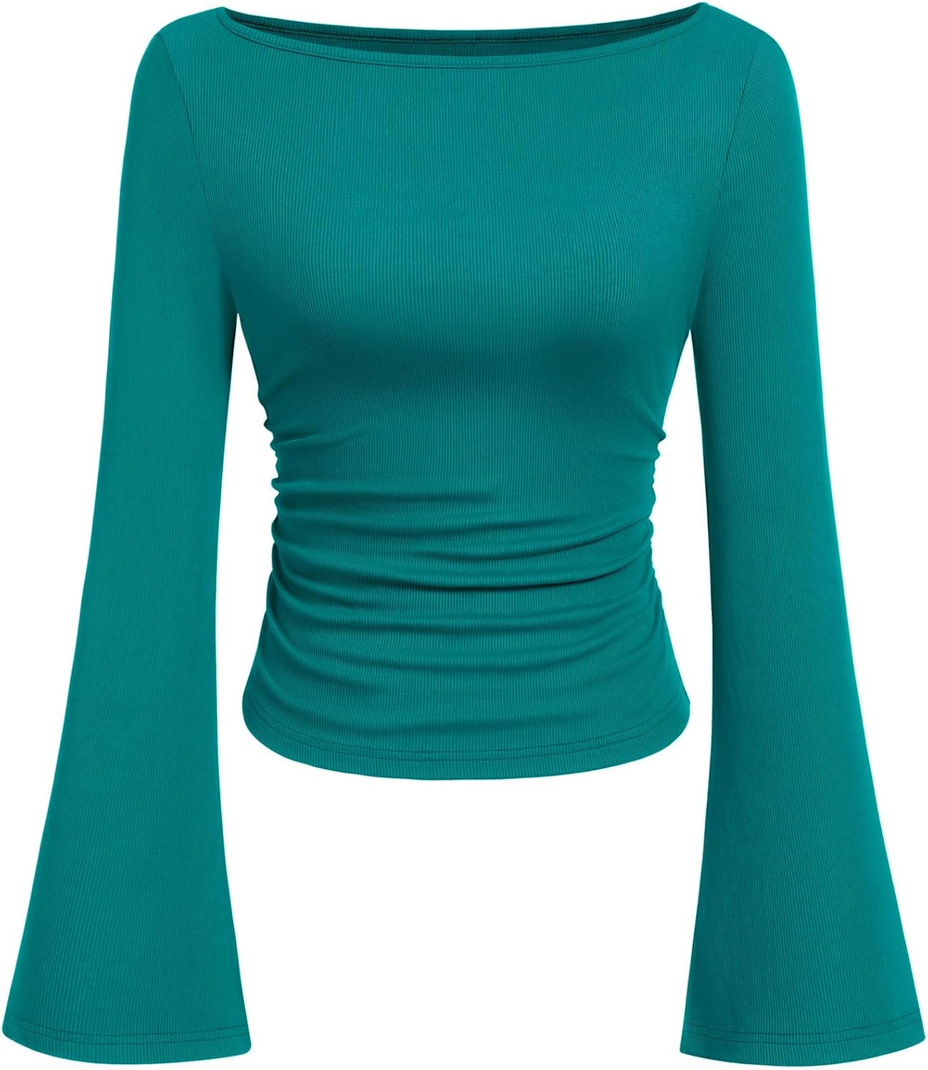 Womens Long Sleeve Shirts 2026 Spring Crop Going Out Tops Casual Boat Neck Bell Sleeve Ribbed Ruched Y2K Clothes
