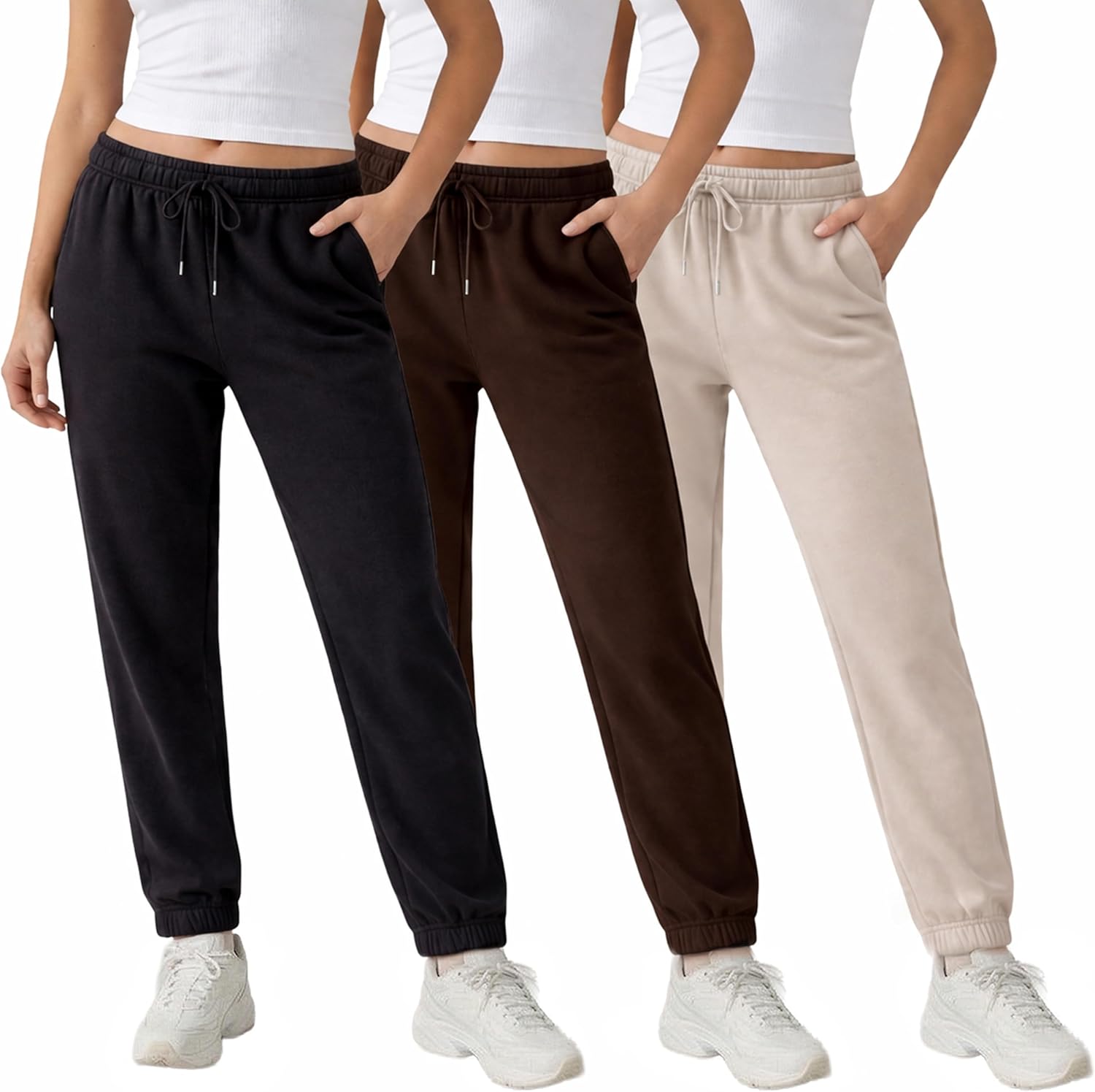 3 Pack Fleece Elastic Cuff Joggers for Women 鈥?Deep Pockets, Tapered Fit, Elastic Drawstring Waist