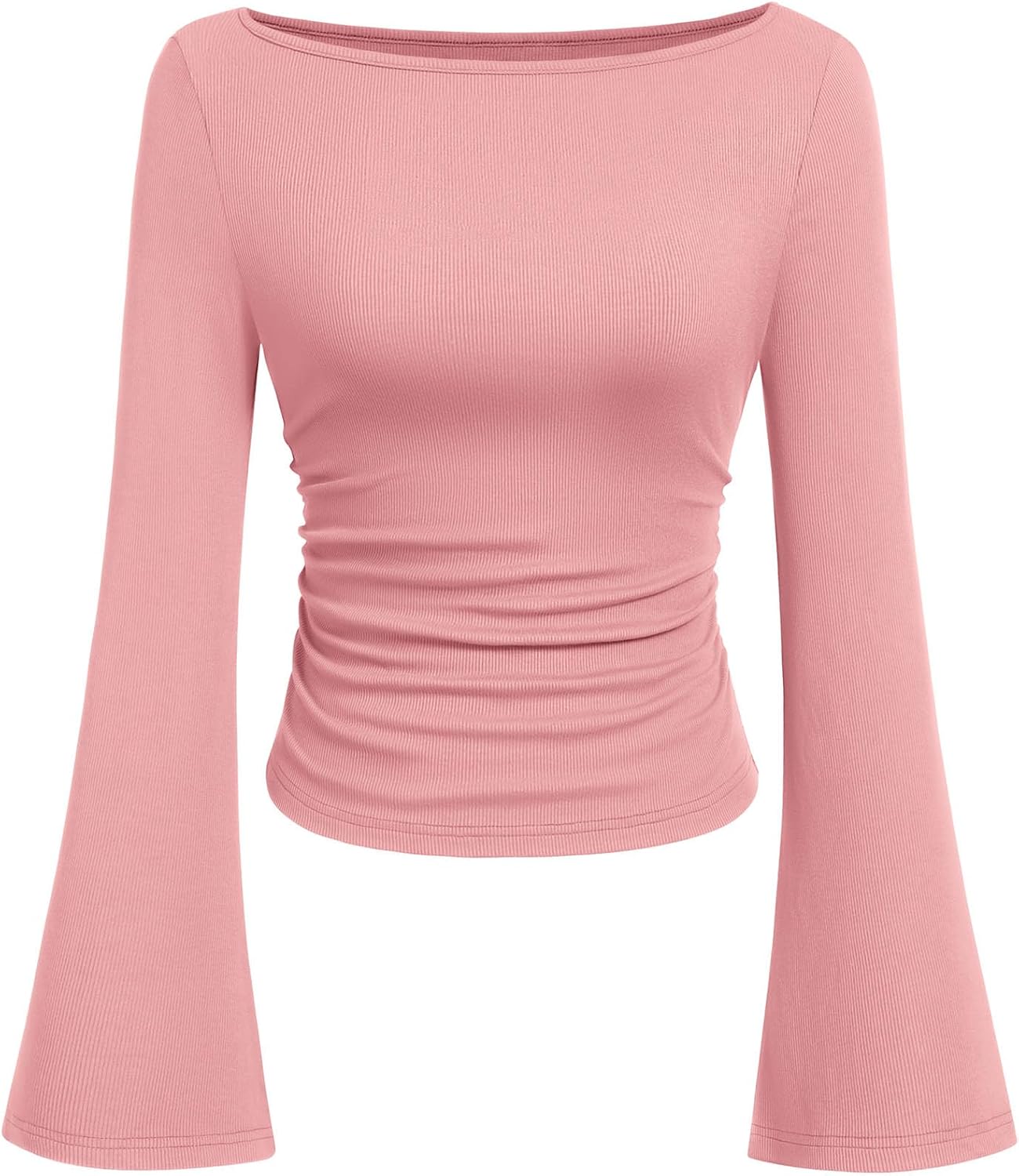 Womens Long Sleeve Shirts 2026 Spring Crop Going Out Tops Casual Boat Neck Bell Sleeve Ribbed Ruched Y2K Clothes