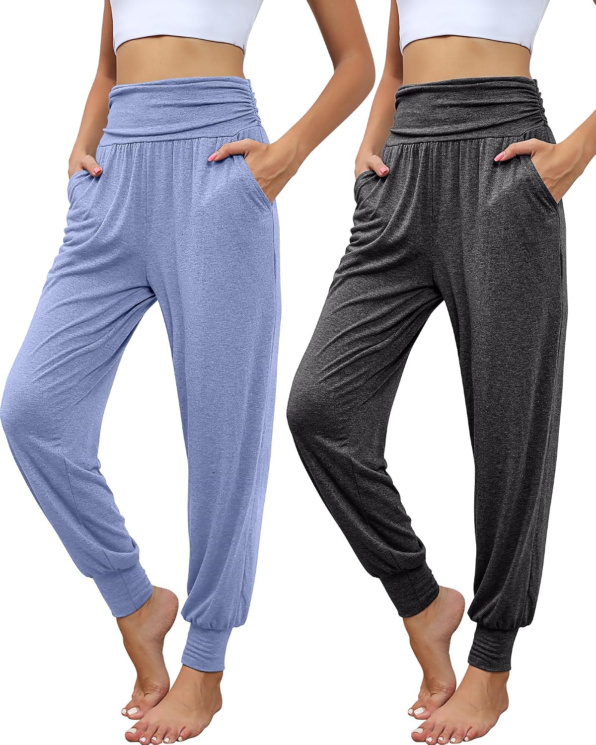 2 Pack Women's Yoga Joggers, Cozy Sweatpants with Pockets Casual Loose Comfy High Waisted Lounge Pants