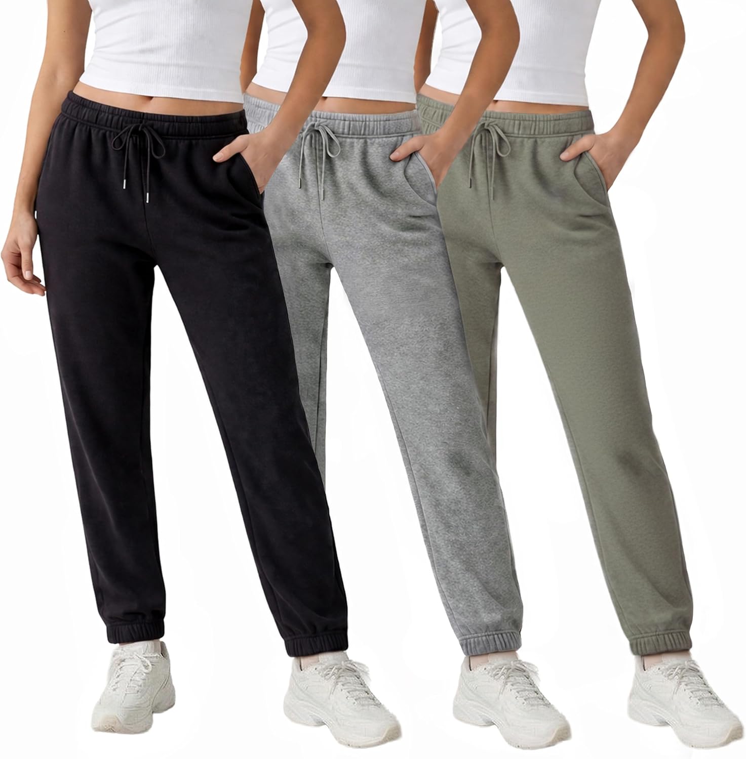 3 Pack Fleece Elastic Cuff Joggers for Women 鈥?Deep Pockets, Tapered Fit, Elastic Drawstring Waist