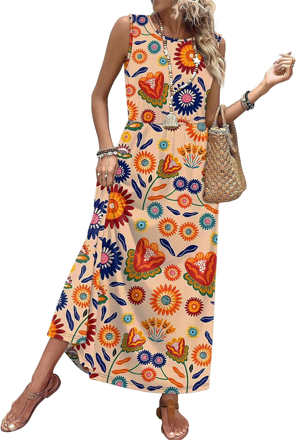 Summer Dresses for Women 2026 Maxi Dresses Long Flowy A Line Sleeveless Sundresses with Pockets