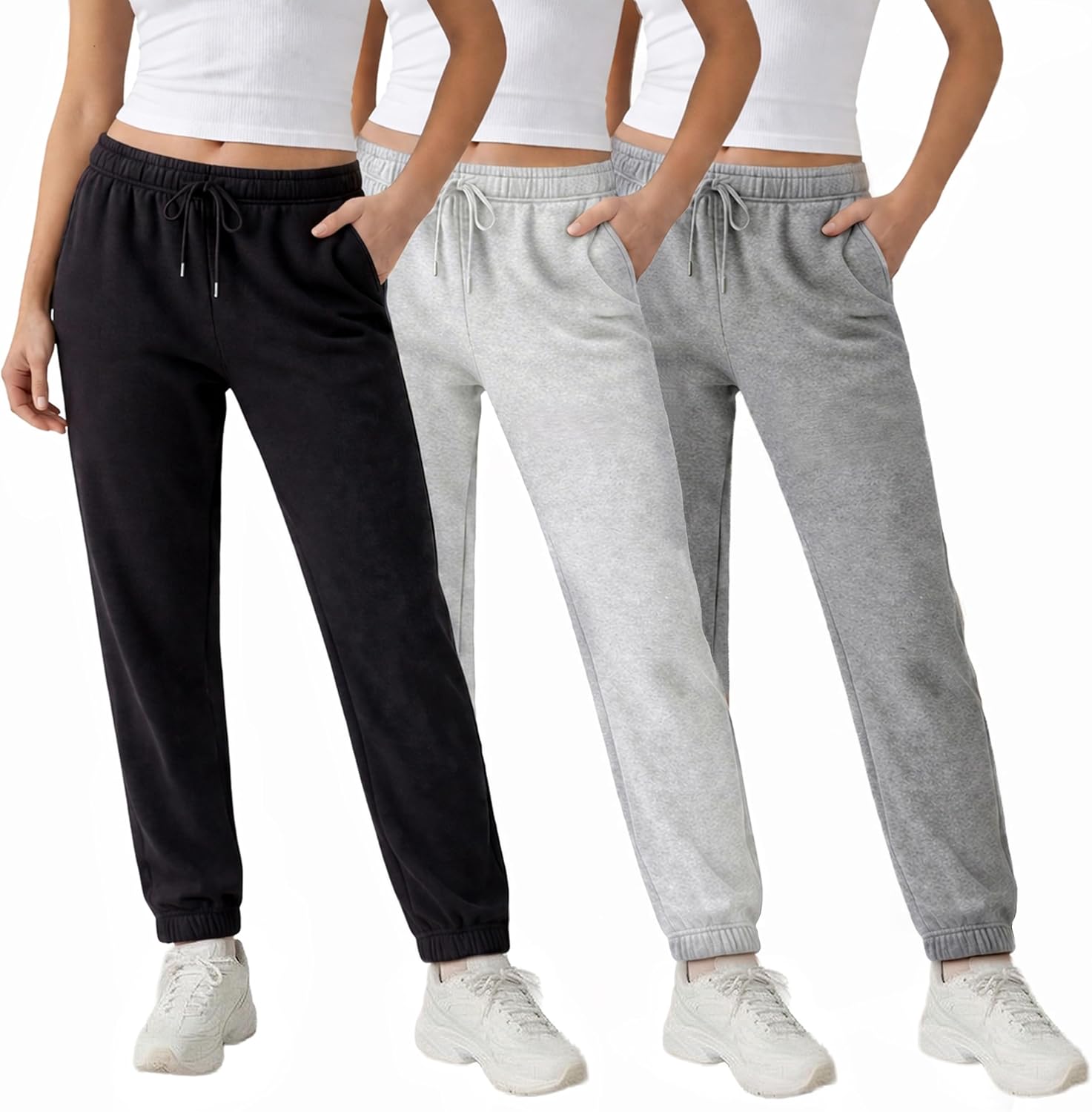 3 Pack Fleece Elastic Cuff Joggers for Women 鈥?Deep Pockets, Tapered Fit, Elastic Drawstring Waist