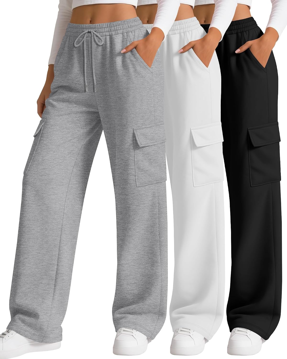 3 Pack Women's Cargo Sweatpants Wide Leg Baggy Loose Elastic Drawstring Pants Casual Athletic Joggers with 4 Pockets