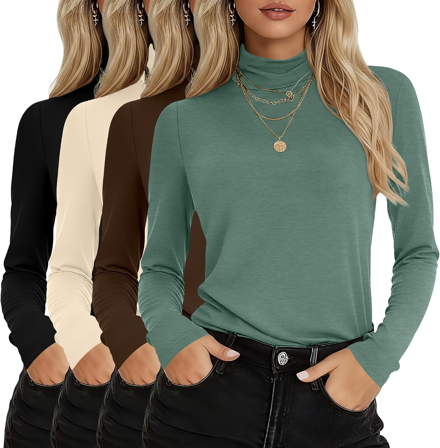 4 Pack Women's Turtleneck Cotton Long Sleeve Tops Casual Loose Fit Shirts Basic Tunic Trendy Undershirt Tee