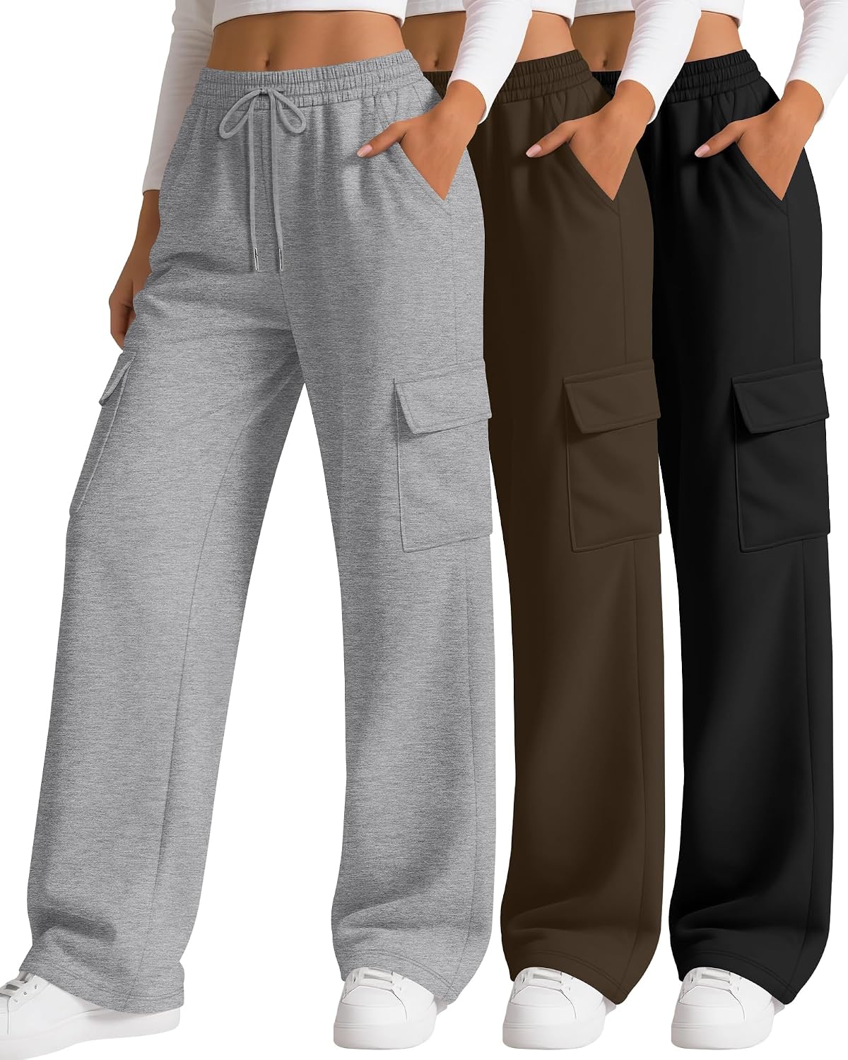 3 Pack Women's Cargo Sweatpants Wide Leg Baggy Loose Elastic Drawstring Pants Casual Athletic Joggers with 4 Pockets