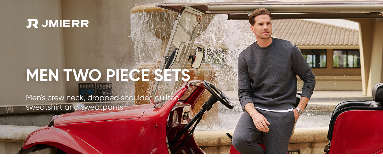 JMIERR. Man sits in a car wearing the outfit, with crew neck, dropped shoulder and quilted details.
