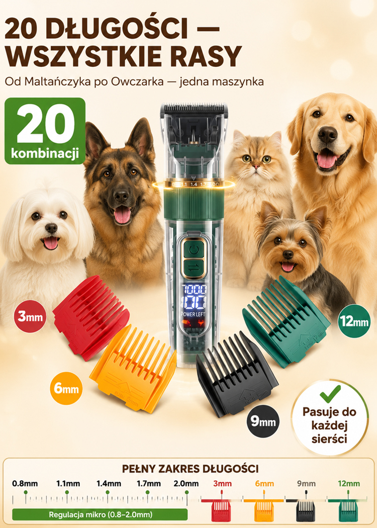 Cichy Bezprzewodowy Trymer dla Zwierząt Tytanowo-Ceramiczne Ostrze R, Cicha Praca <50dB