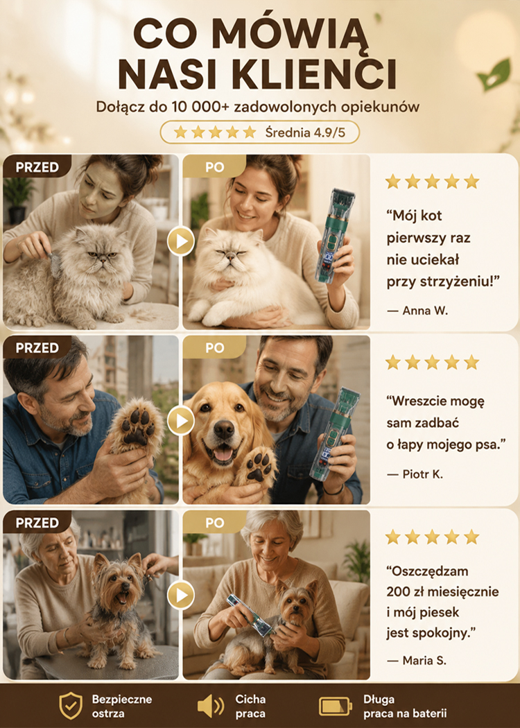 Cichy Bezprzewodowy Trymer dla Zwierząt Tytanowo-Ceramiczne Ostrze R, Cicha Praca <50dB