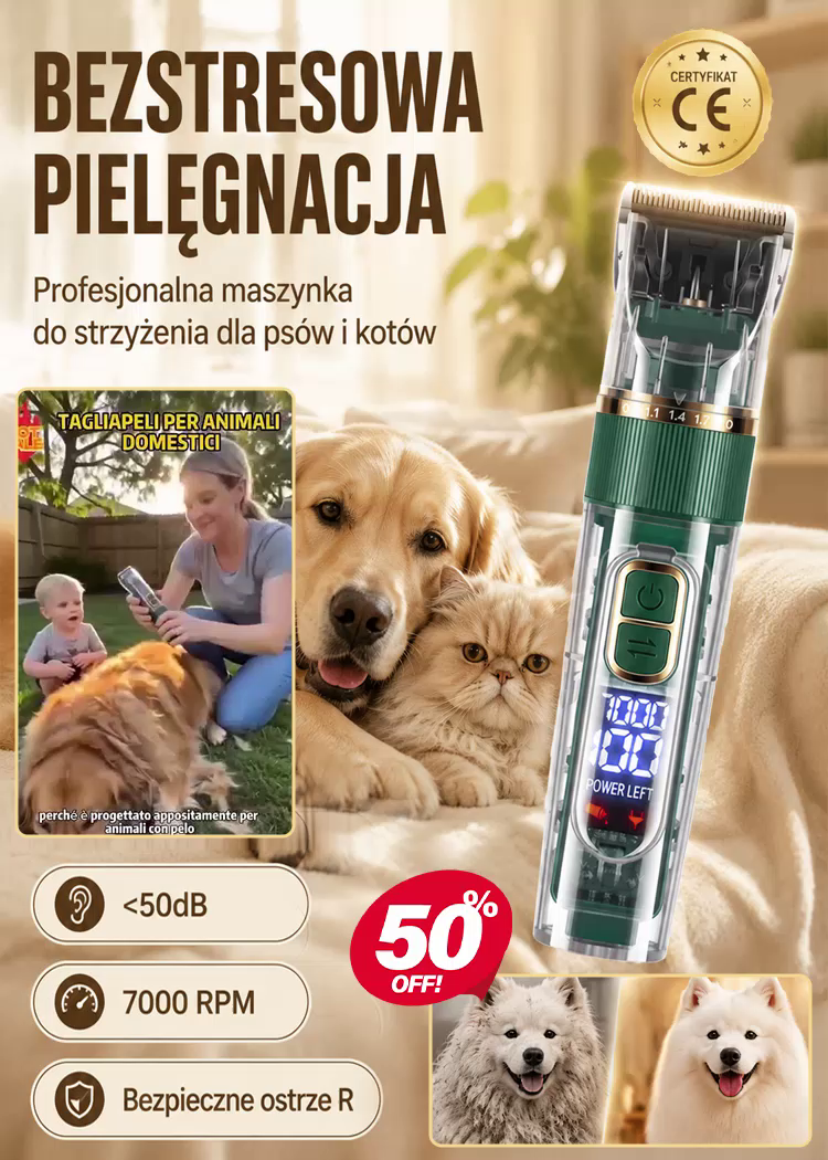 Cichy Bezprzewodowy Trymer dla Zwierząt Tytanowo-Ceramiczne Ostrze R, Cicha Praca <50dB