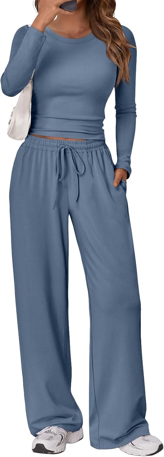 Women's 2 Piece Matching Lounge Set Long Sleeve Side Ruching Top Wide Leg Drawstring Pants Set with Pockets