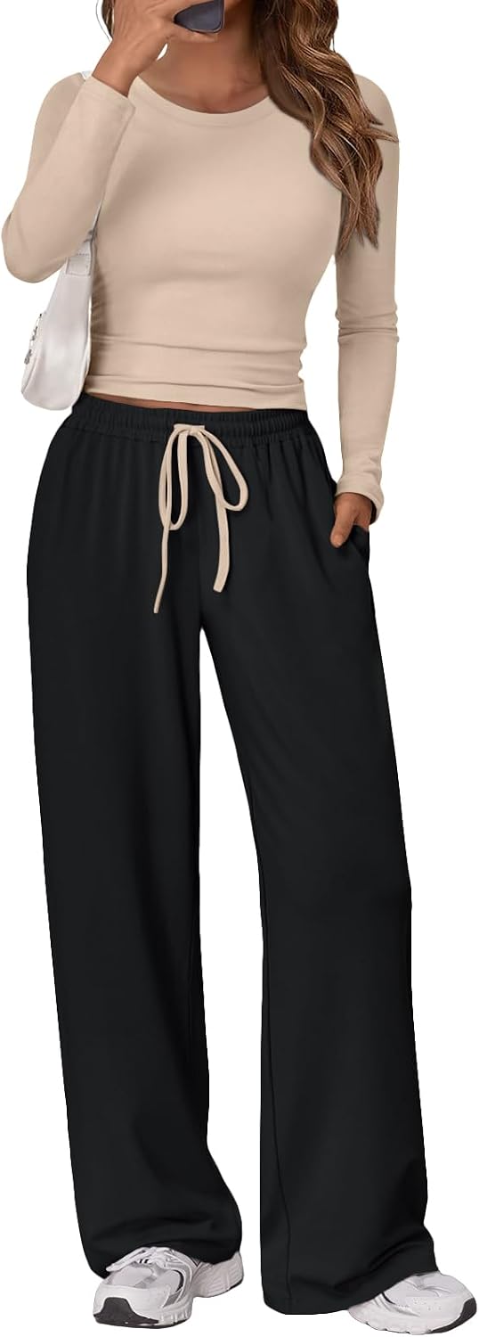 Women's 2 Piece Matching Lounge Set Long Sleeve Side Ruching Top Wide Leg Drawstring Pants Set with Pockets