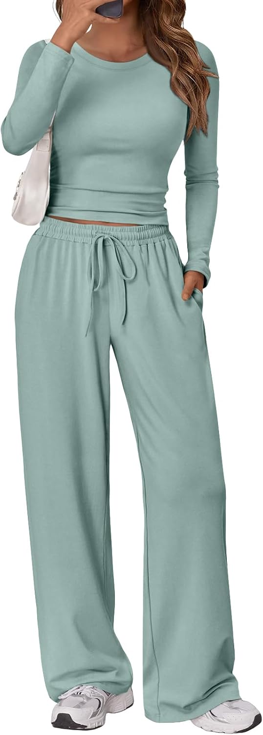 Women's 2 Piece Matching Lounge Set Long Sleeve Side Ruching Top Wide Leg Drawstring Pants Set with Pockets