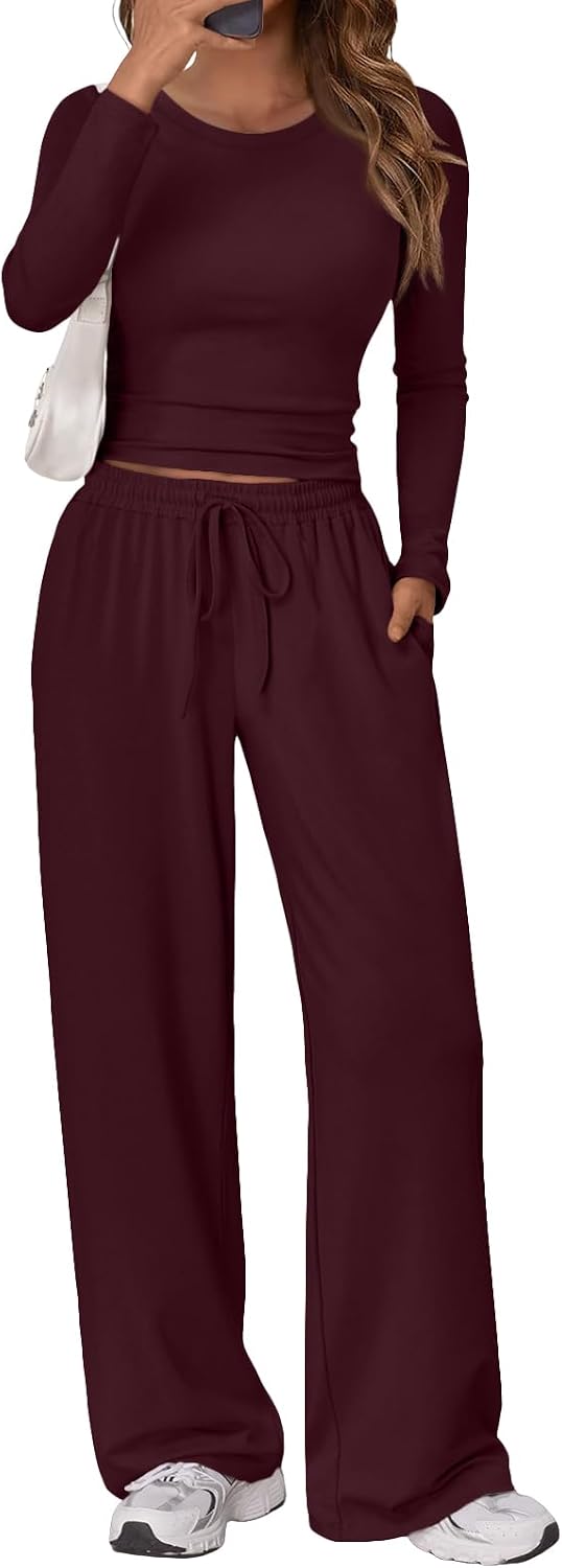 Women's 2 Piece Matching Lounge Set Long Sleeve Side Ruching Top Wide Leg Drawstring Pants Set with Pockets