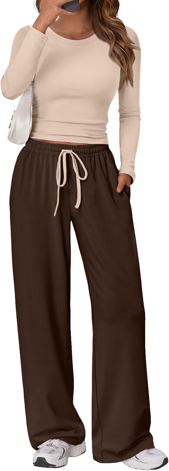 Women's 2 Piece Matching Lounge Set Long Sleeve Side Ruching Top Wide Leg Drawstring Pants Set with Pockets