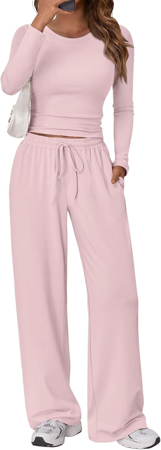Women's 2 Piece Matching Lounge Set Long Sleeve Side Ruching Top Wide Leg Drawstring Pants Set with Pockets