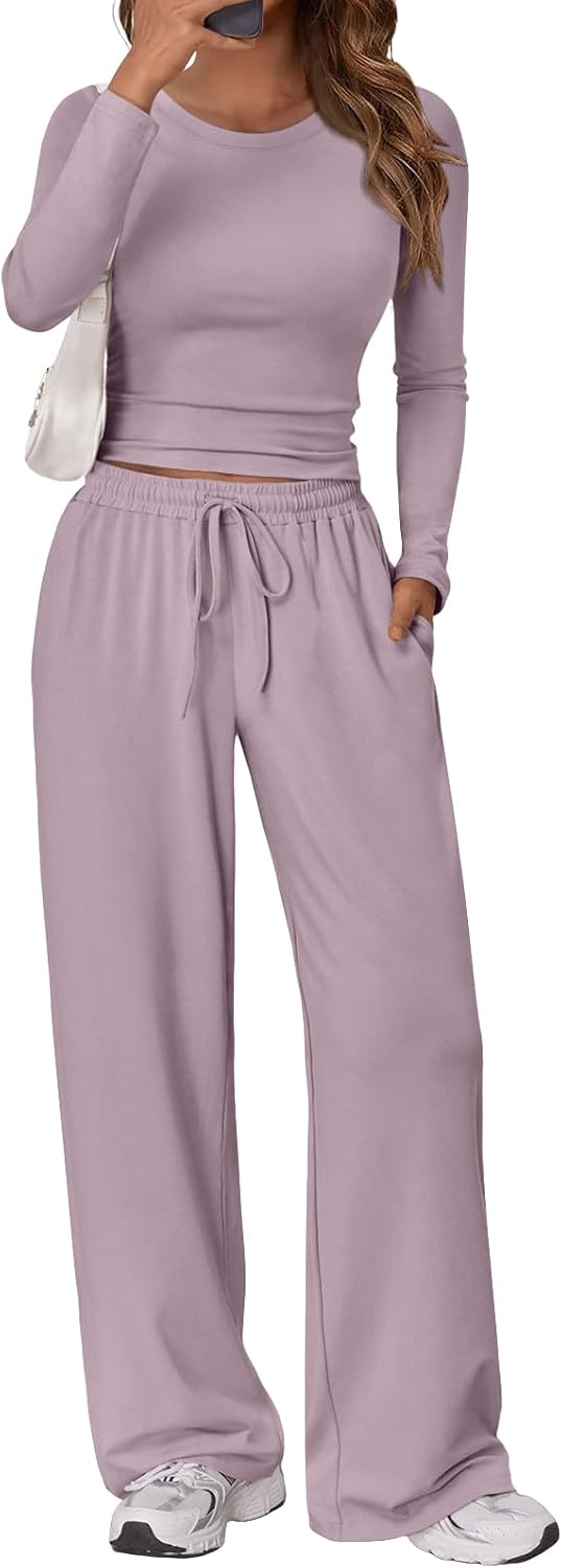 Women's 2 Piece Matching Lounge Set Long Sleeve Side Ruching Top Wide Leg Drawstring Pants Set with Pockets