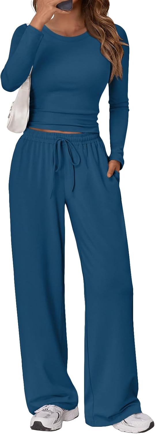 Women's 2 Piece Matching Lounge Set Long Sleeve Side Ruching Top Wide Leg Drawstring Pants Set with Pockets