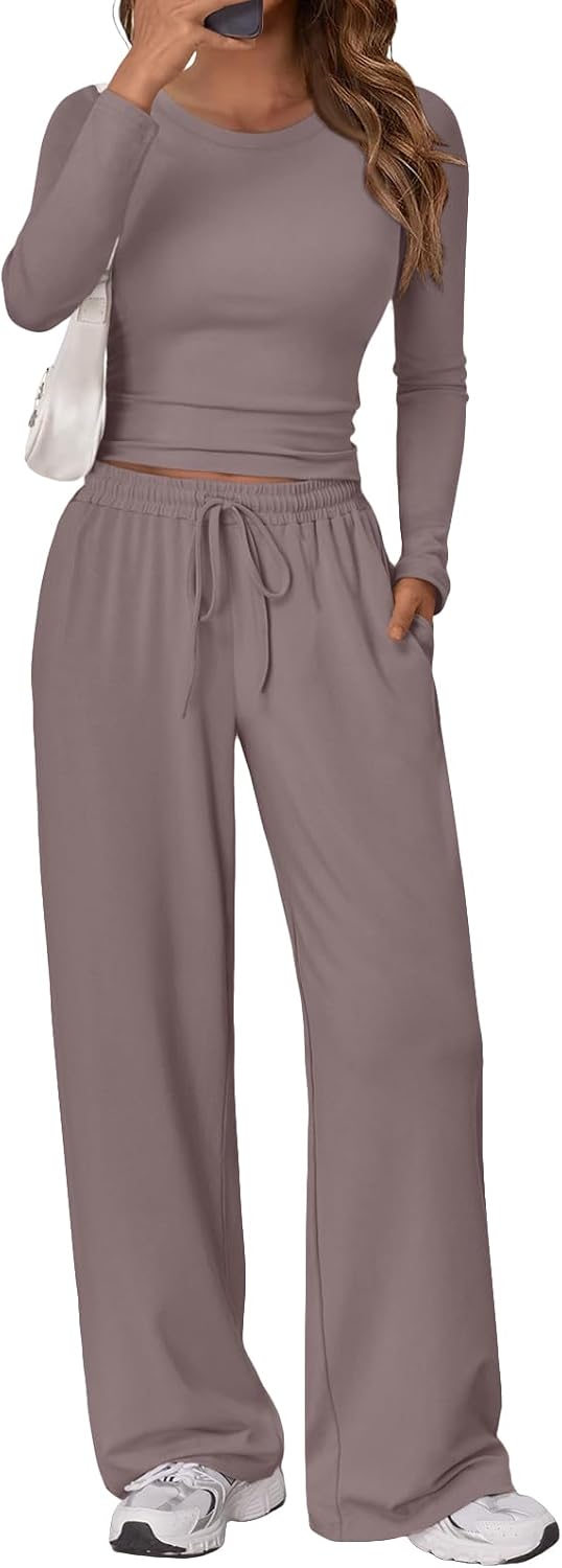 Women's 2 Piece Matching Lounge Set Long Sleeve Side Ruching Top Wide Leg Drawstring Pants Set with Pockets