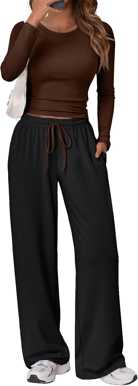 Women's 2 Piece Matching Lounge Set Long Sleeve Side Ruching Top Wide Leg Drawstring Pants Set with Pockets