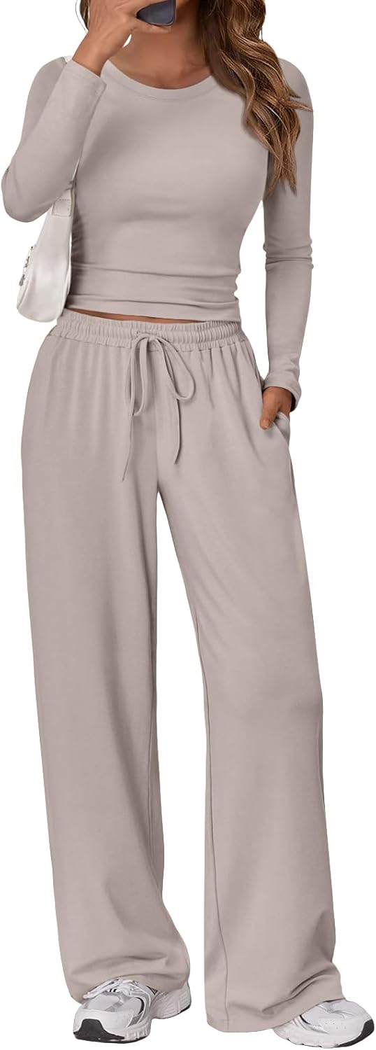 Women's 2 Piece Matching Lounge Set Long Sleeve Side Ruching Top Wide Leg Drawstring Pants Set with Pockets