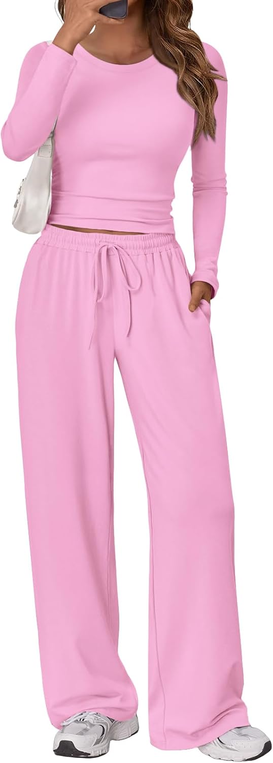 Women's 2 Piece Matching Lounge Set Long Sleeve Side Ruching Top Wide Leg Drawstring Pants Set with Pockets