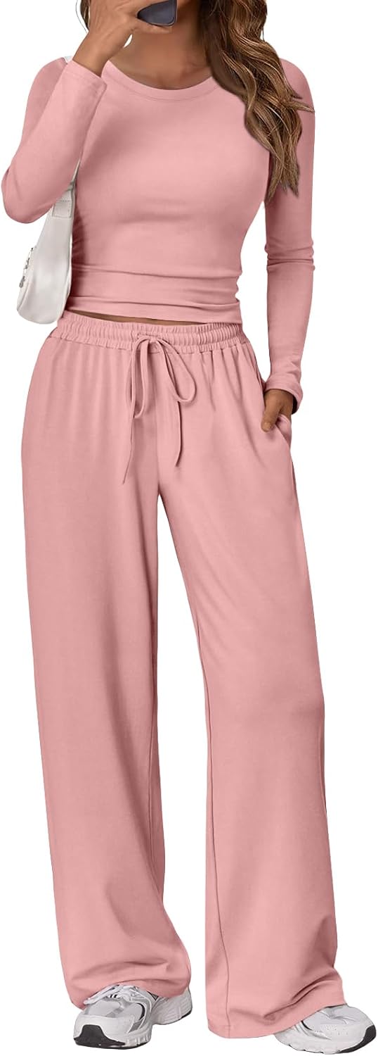 Women's 2 Piece Matching Lounge Set Long Sleeve Side Ruching Top Wide Leg Drawstring Pants Set with Pockets