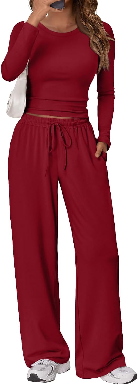 Women's 2 Piece Matching Lounge Set Long Sleeve Side Ruching Top Wide Leg Drawstring Pants Set with Pockets