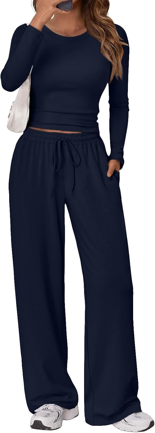 Women's 2 Piece Matching Lounge Set Long Sleeve Side Ruching Top Wide Leg Drawstring Pants Set with Pockets