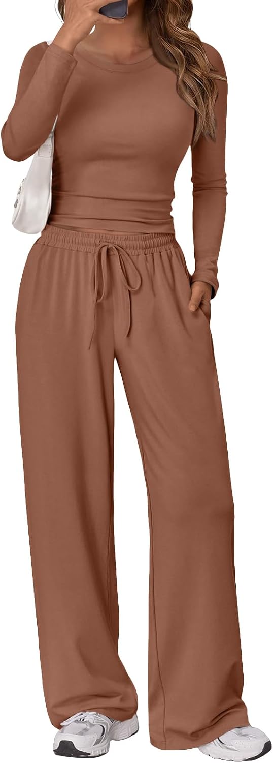 Women's 2 Piece Matching Lounge Set Long Sleeve Side Ruching Top Wide Leg Drawstring Pants Set with Pockets