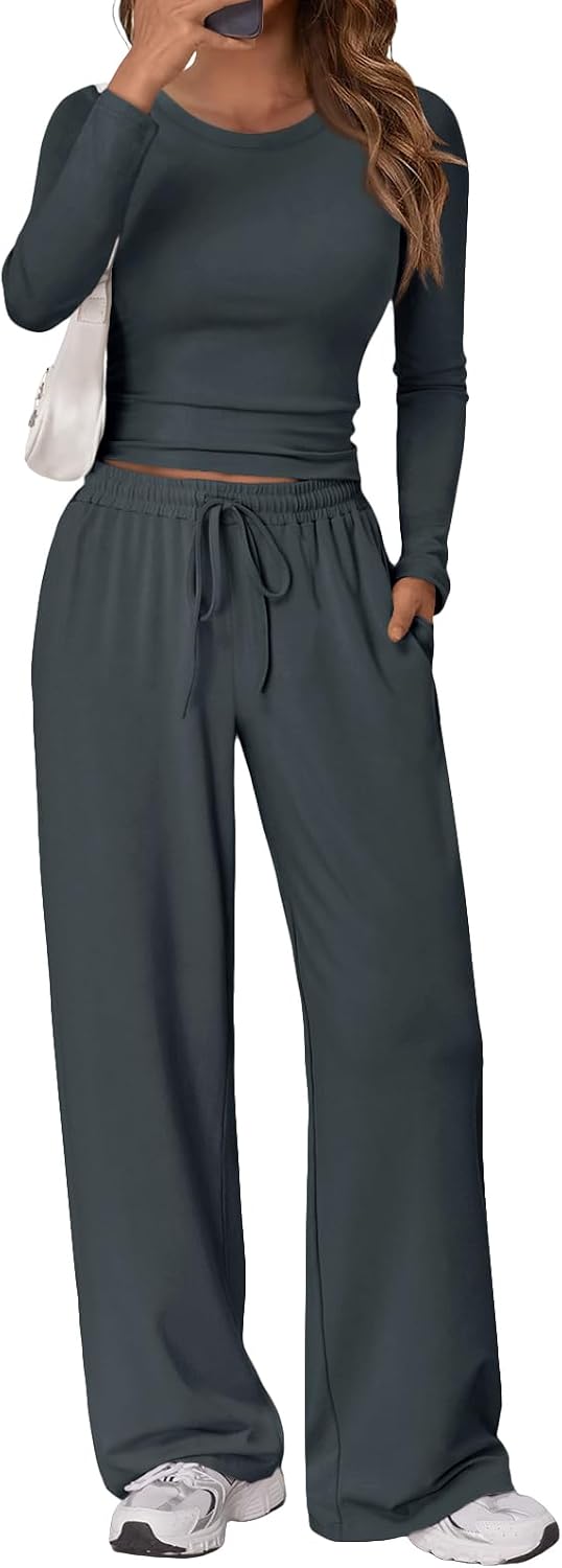 Women's 2 Piece Matching Lounge Set Long Sleeve Side Ruching Top Wide Leg Drawstring Pants Set with Pockets