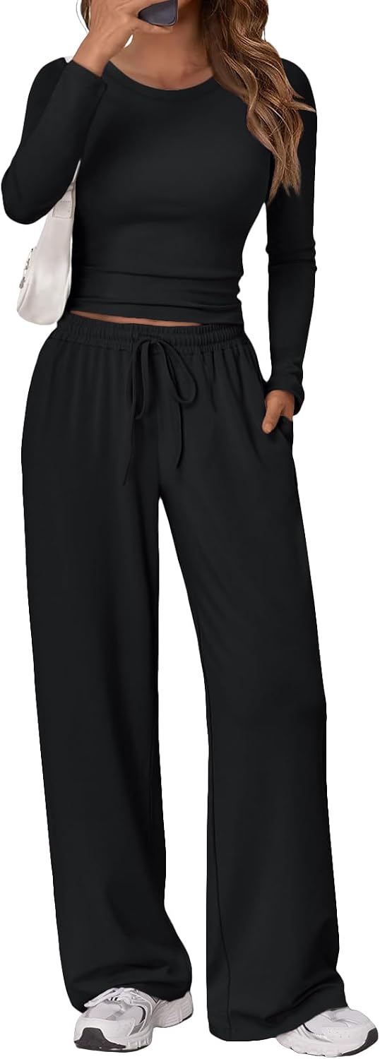 Women's 2 Piece Matching Lounge Set Long Sleeve Side Ruching Top Wide Leg Drawstring Pants Set with Pockets