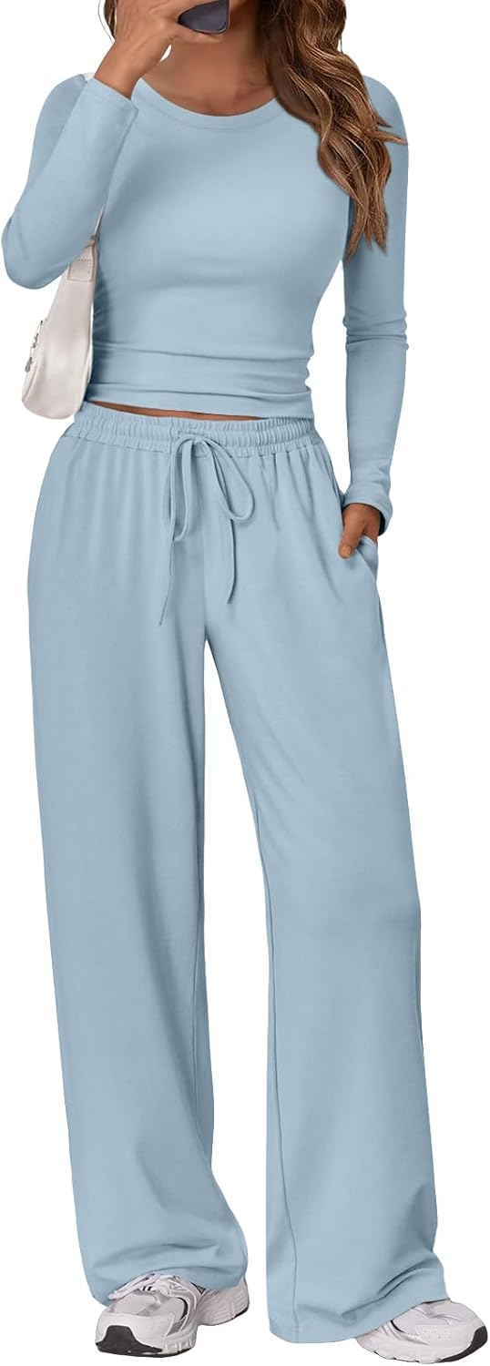 Women's 2 Piece Matching Lounge Set Long Sleeve Side Ruching Top Wide Leg Drawstring Pants Set with Pockets