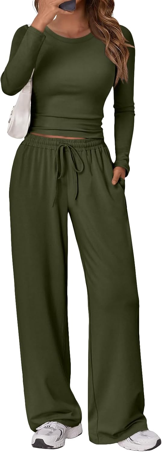 Women's 2 Piece Matching Lounge Set Long Sleeve Side Ruching Top Wide Leg Drawstring Pants Set with Pockets